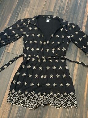 VENUS Black Wrap Tie Romper with Beige Embroidery